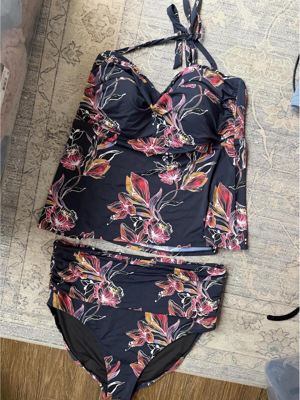 Garnet Hill Floral navy blue pink Tankini Swimsuit Set Size 16